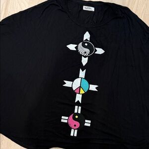 Lauren Moshi Black Long Sleeve Tee with Graphic Peace & Yin-Yang Motifs